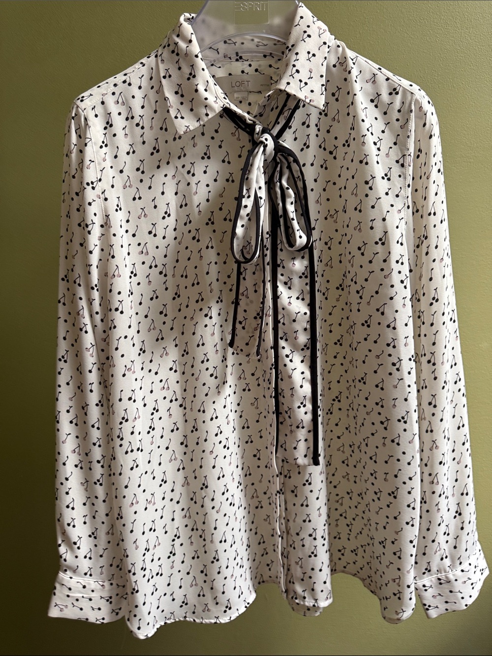 LOFT White Black Cherry-Print Tie-Neck Blouse